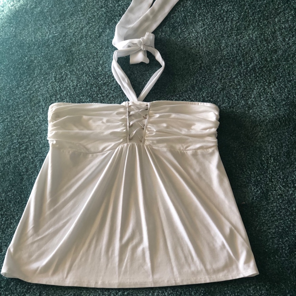 White halter or strapless tank with gold detailing